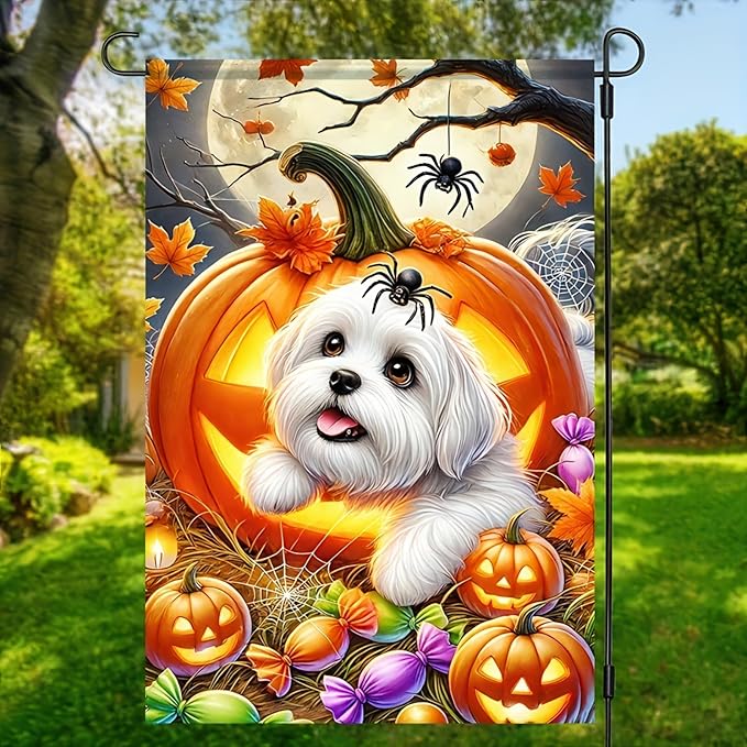 Welcome Halloween Garden Flag 12 x 18 Double Sided Maltese-Dog Garden Flag Lantern Pumpkin Black Yard Small Flag Lawn Outside Decor Funny Holiday Outdoor Home Decoration Banner
