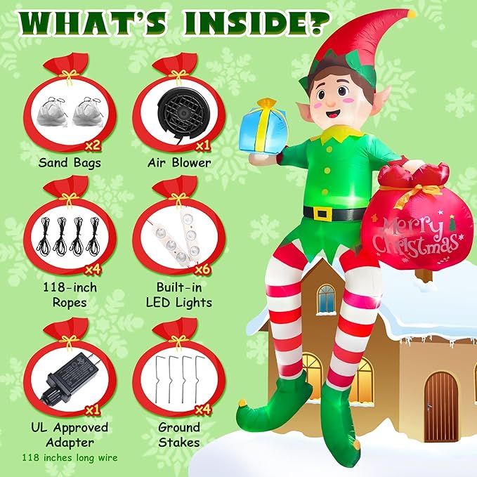 10FT Christmas Inflatable Outdoor Decoration, Sitting Elf Inflatable Christmas Blow up Yard Decorations with LED Lights, Elf Outdoor Decoration for Garden Lawn Roof