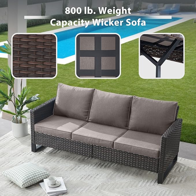 9 Piece Wicker Patio Furniture Set - Outdoor Swivel Rocker Chairs Set with Coffee Table, Rattan Chairs, 3 Seat Sofa & Ottomans, Patio Conversation Sets for Bcakyard Deck - Brown/Grey