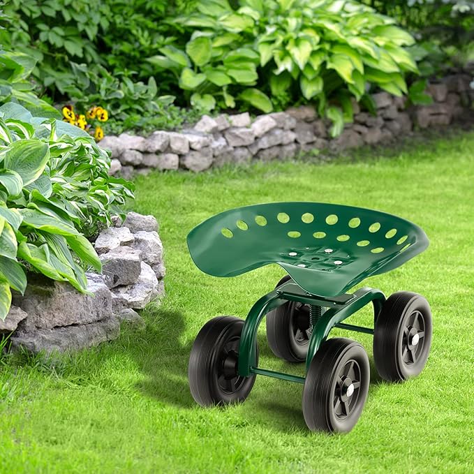 Rolling Garden Seat, Garden Cart with 360° Swivel Work Seat & Adjustable Height, Heavy Duty Garden Seat with Wheels for Lawn Yard Patio Greenhouse Planting Cleaning (Green)