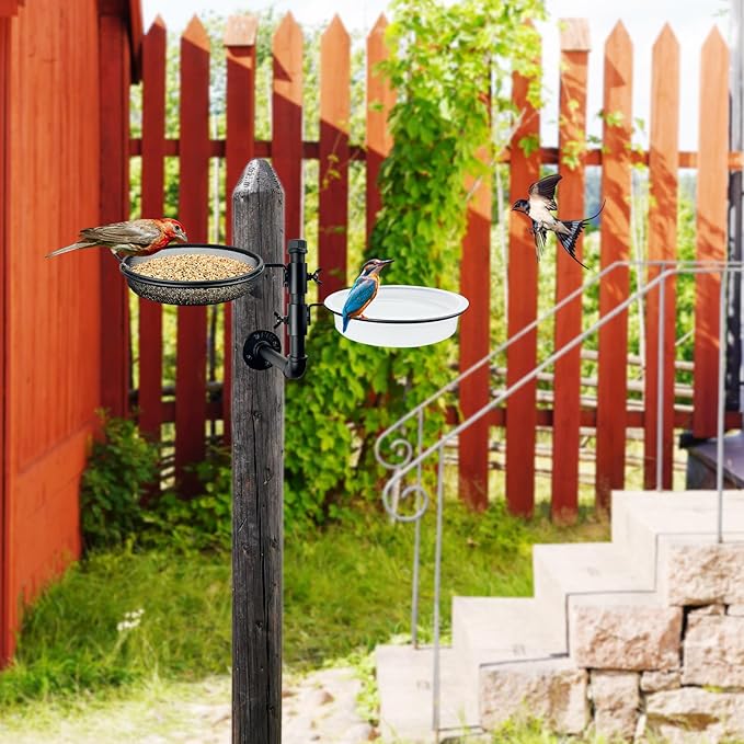 Wall Mounted Bird Feeder with Metal Mesh Seed Tray and 2 Bird Bath Bowls,Heavy Duty Fence Tree Mount Birds Feeder for Outside Wild Birds,Table Mountable Platform Feeder in Garden Backyard