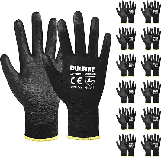 Ultra-Thin PU Coated Work Gloves-12 Pairs,Excellent Grip,Nylon Shell Black Polyurethane Coated Safety Work Gloves, Knit Wrist Cuff,Ideal for Light Duty Work. (Small)