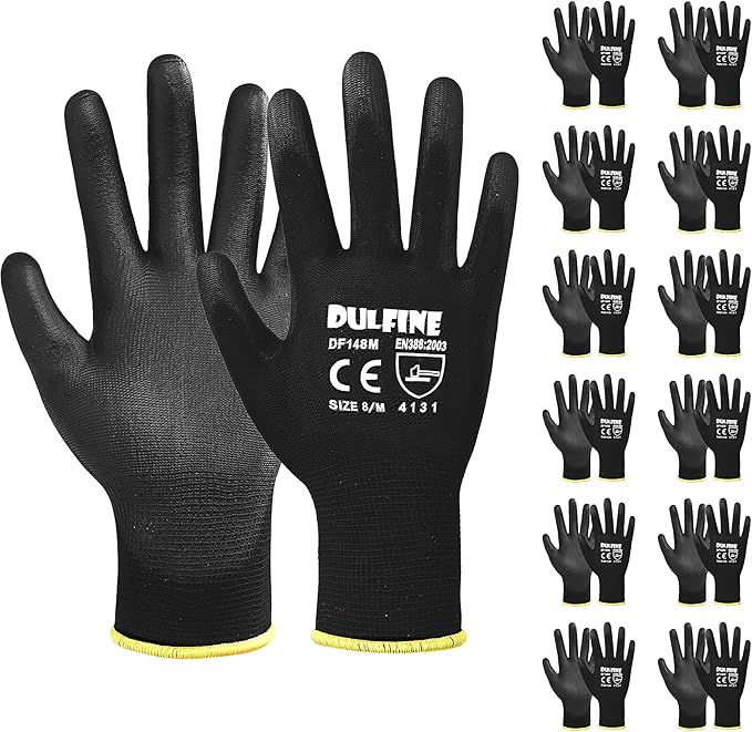 Ultra-Thin PU Coated Work Gloves-12 Pairs,Excellent Grip,Nylon Shell Black Polyurethane Coated Safety Work Gloves, Knit Wrist Cuff,Ideal for Light Duty Work. (Large)