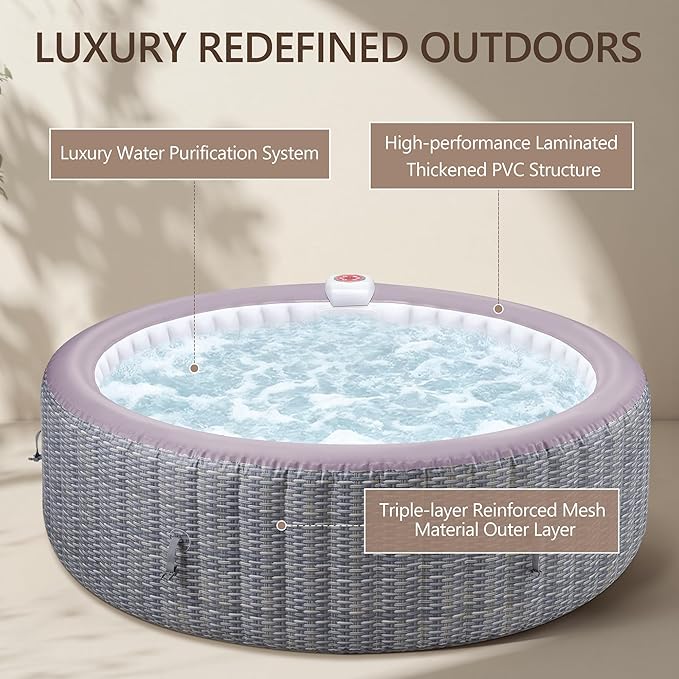 UHOMEPRO Inflatable Hot Tub Spa Set, Outdoor Bubble Massage Portable Hot Tubs with 130 Soothing Jets, Insulated Cover, Internal Heater Pump, 6 Filter Cartridges (Round)