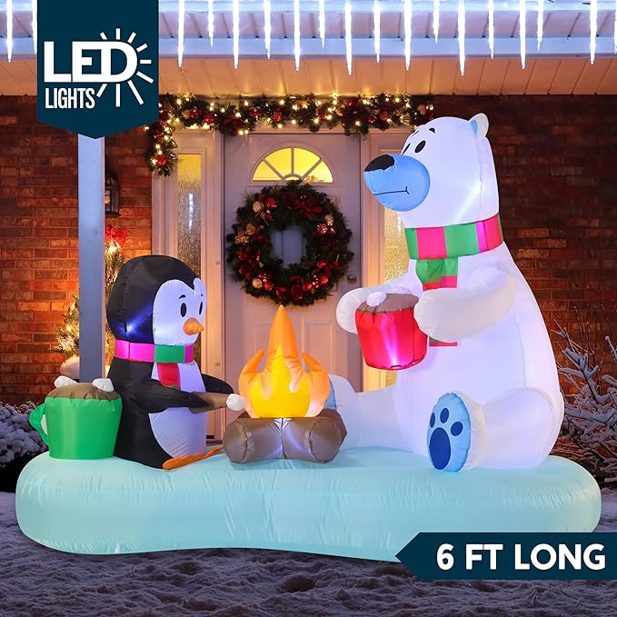 Joiedomi 6 FT Long Christmas Inflatable Polar Bear and Penguin with Campfire Decoration, Blow Up Yard Decoration Christmas Inflatable with Build-in LEDs Blow Up for Xmas Party, Lawn, Winter Décor