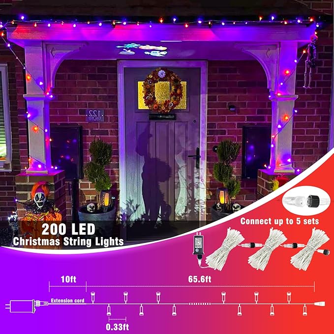 200 LED Halloween Lights Outdoor, 66ft Halloween String Lights Indoor Clear Wire 8 Modes Waterproof Plug in Twinkle Fairy Light for Tree Party Garden Decorations, Purple&Orange