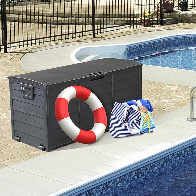 75 Gallon Resin Deck Box, Waterproof Outdoor Storage Box with Wheels, Lockable Lid and Handles, Large Deck Storage for Outdoor Gear, Patio Furniture Cushion, Gardening Tools, Jet Black