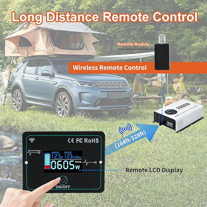 2000W Pure Sine Wave Power Inverter DC 12V to AC 120V Converter with LCD Display, Wireless Remote Control, 4 AC Outlets, 1 Hardwire Terminal, Dual USB Ports for RV Truck Boat Solar System