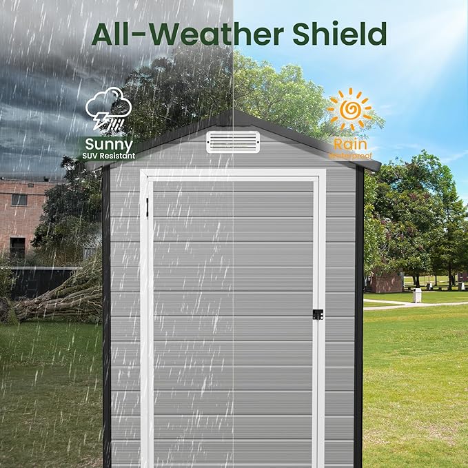 GVDV 4×6FT Outdoor Resin Plastic Storage Shed with Reinforced Floor, All-Weather Plastic Shed with Lockable Door, Window, Waterproof Tool Storage for Garden, Backyard, Patio