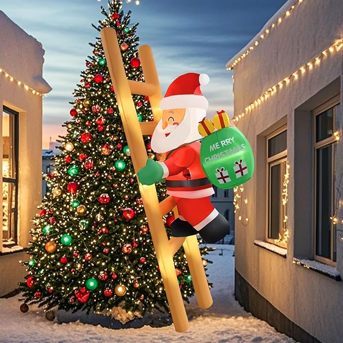 2025 Christamas Inflatable Santa 8FT Climbing Santa Claus with Gift Bag Inflatables Christamas Outdoor Decoration Xmas Santa Blow Up Decor with Built-in 9 LEDs for Holiday Party Yard Garden Lawn