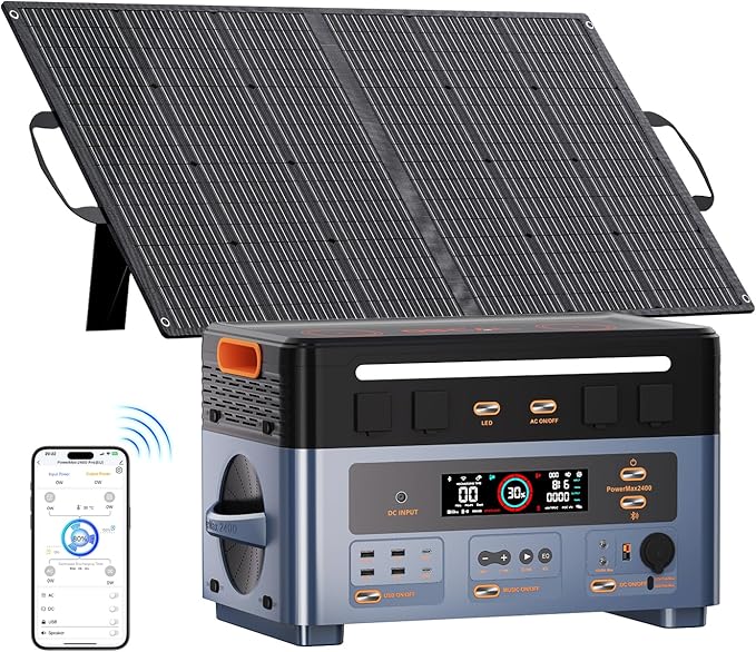 OSCAL 2400W Solar Generator with 100W Solar Panels PowerMax 2400, 1872Wh Power Station with 4 AC Outlets (5000W Peak), 1.45H Full Charging, APP Control Battery Backup for Home, Camping & RVs