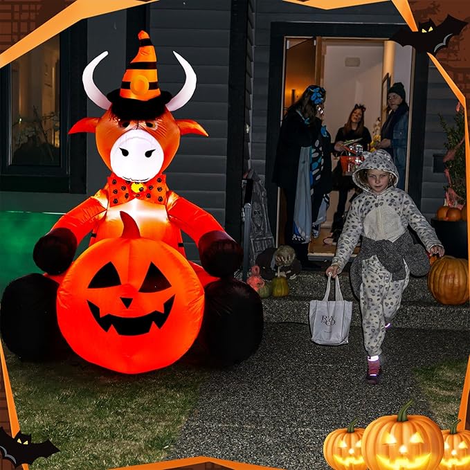 Soulchen 5FT Halloween Inflatable Highland Cow Outdoor Decorations with Witch Hat Holding Pumpkin Built-in LED Lighted Halloween Blow up for Yard Garden Lawn Holiday Party Decor