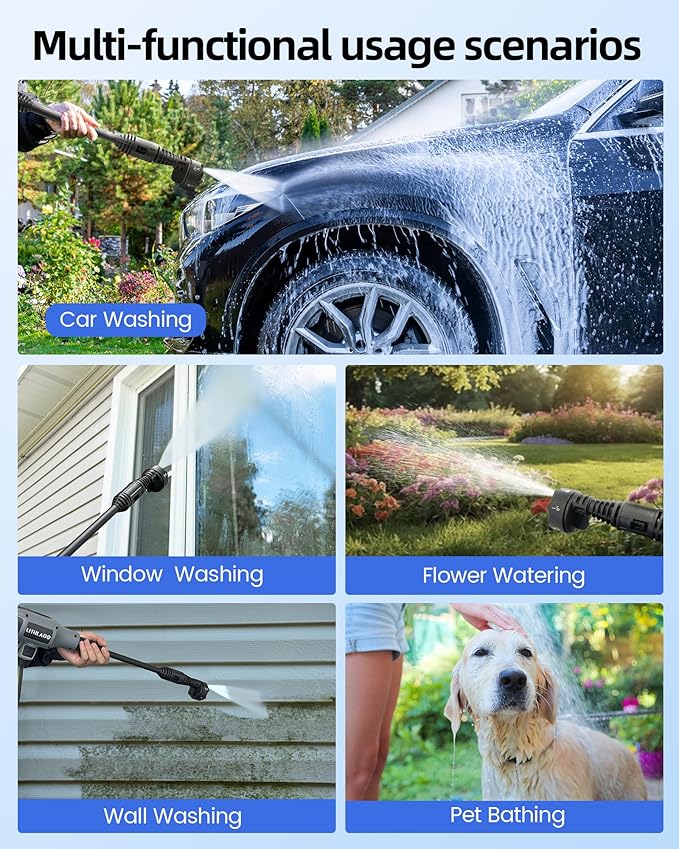 Cordless Pressure Washer 1080PSI Portable High-Pressure for Car Wash Outdoor Cleaning, 6-in-1 Adjustable Nozzle,Battery & Adaptor Included (2X 3Ah)