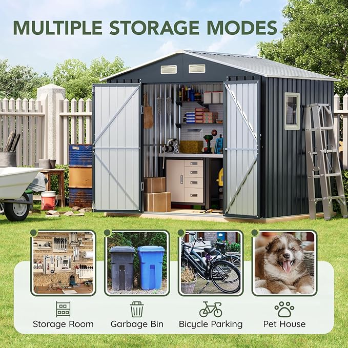 6x8FT Outdoor Metal Storage Shed, Double Door, 1 Clear Window, Tool Shed for Garden, Patio, Backyard Nightblue