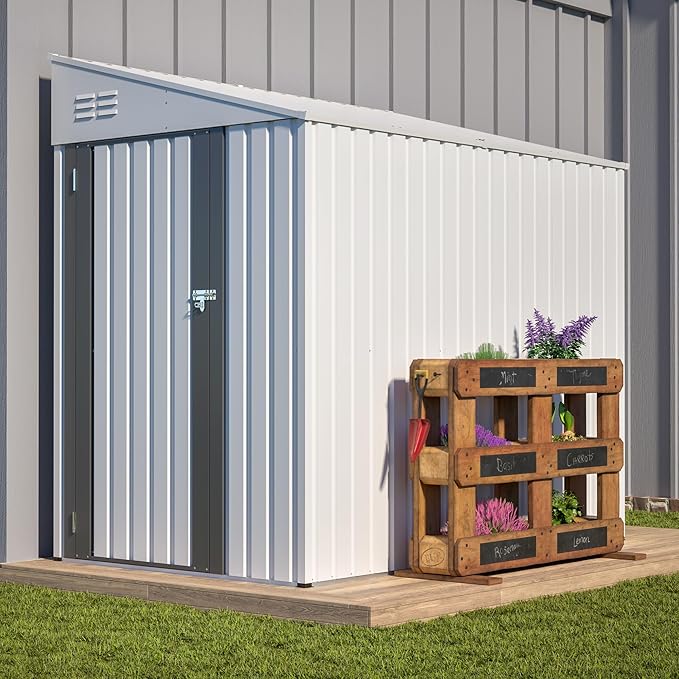 4×8 FT Outdoor Metal Storage Shed,Heavy-Duty Lean to Storage Shed with Lockable Door and Reinforced Beams,All Weather Waterproof Storage House W/2 Air Vents,for Backyard,Patio,Lawn,White
