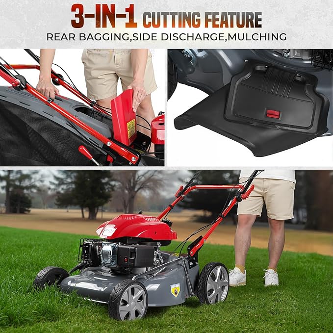 3 in 1 Gas Lawn Mower Self Propelled,173cc OHV Engine with Air Cooling, 20" Steel Deck,8-Level Height Adjustment, 60L Grass Catcher, Foldable Design for Yard Patio Lawn Red (US Fast Arrival