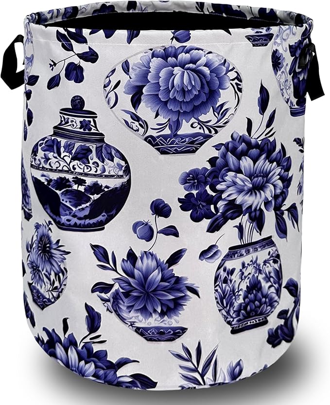 Blue White Floral Laundry Basket Foldable With Handles Vase Flower Tote Bag Oxford Cloth Color Laundry Hamper Clothes Storage Bucket Toy Organizer For Bathroom/Laundry/Bedroom 18.9"x16.5 "