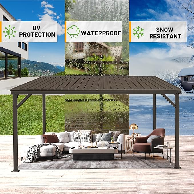 10x10FT Lean to Gazebo, Outdoor Hardtop Wall Mount Gazebo with Gutter & Sloping Galvanized Steel Roof, Metal Hard Top Awnings for Deck, Porch, Backyard- Brown