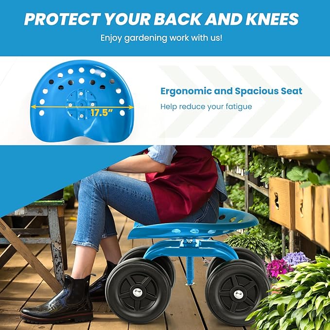LDAILY Garden Seat with Wheels, Heavy-Duty Utility Stool Cart with Adjustable 11"-16" Height & 360° Rotatable, Rolling Garden Cart with Seat for Lawn Planting, Yard Work, Patio Gardening (Blue)