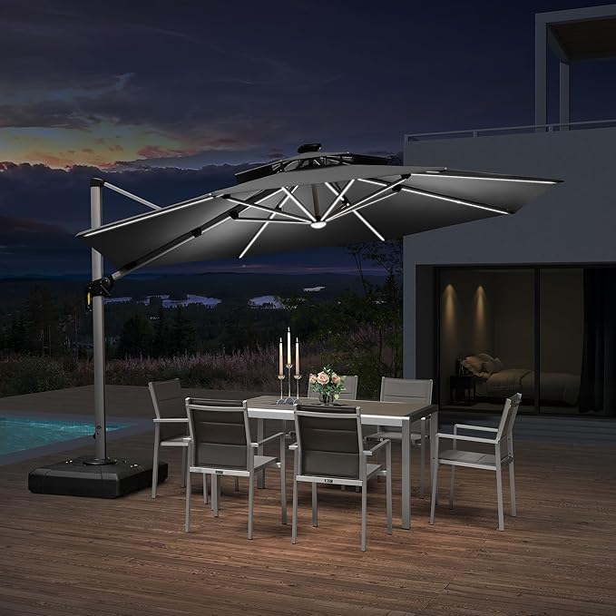 PURPLE LEAF 12ft Patio Umbrella With Base Solar powered LED Cantilever Umbrella with LED lights Windproof Outdoor Offset Umbrella for Garden Deck Pool Patio, Grey