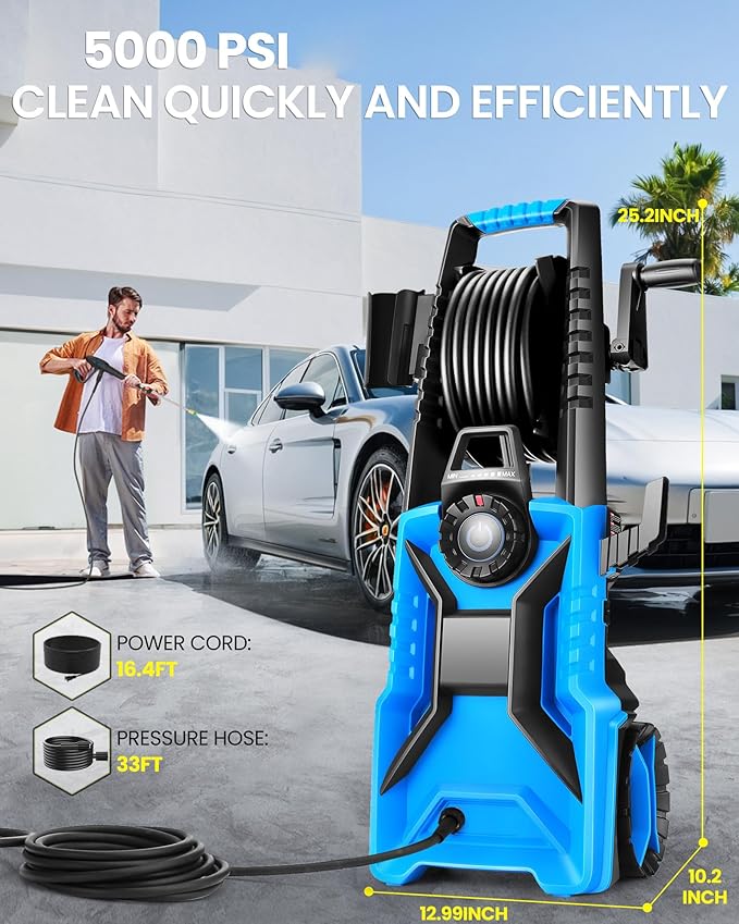 5000PSI Pressure Cleaner 4.0 GPM Adjustable Pressure,4.0 GPM Power Cleaner with Foam Cannon,4 Nozzles,33FT Hose and 500ml Soap Bottle for Home/Cars/Driveways/Patios/Fences(Blue)
