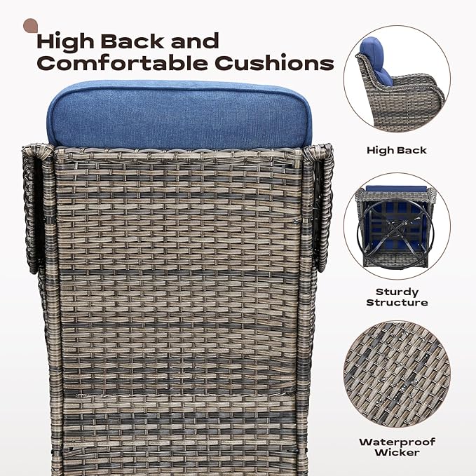 Rilyson Wicker Outdoor Patio Furniture Set - 7 Piece Patio Conversation Sets with Swivel Rocker Chairs, Ottomans and Sofa, 6 inch Cushions, Waterproof Wicker, for Porch Deck Mixed Grey/Blue