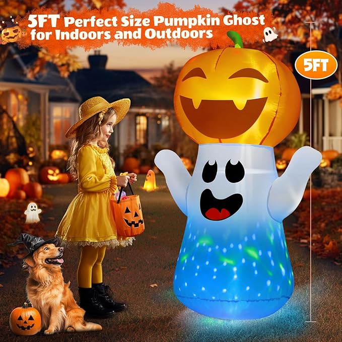 5FT Halloween Inflatables Pumpkin Ghost Built-in 3-Pattern Colorful Flashing Light, Cute Halloween Blow Up Yard Decorations for Indoor Outdoor Home/Holiday/Party/Yard/Lawn (1PCS)