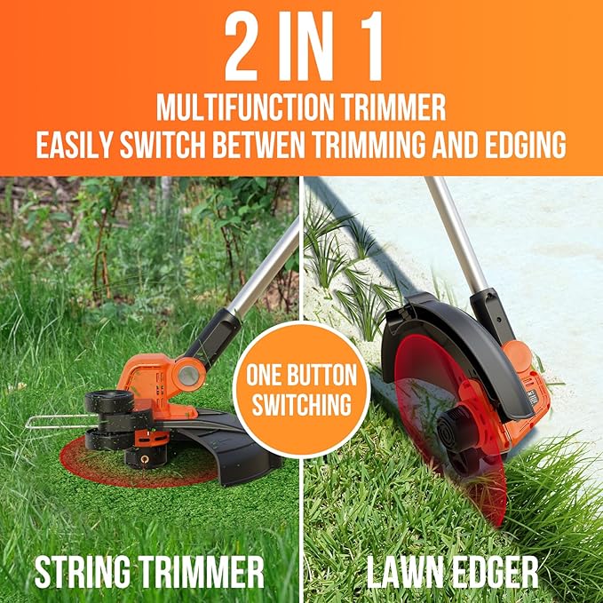 VARSK 20V String Trimmer Cordless, 12 Inch 2 in 1 Trimmer and Edger, Automatic Line Feed, Includes 2 X 2.0Ah Batteries/1 X Fast Charger/6 X Spare Spools, for Lawn, Garden, etc, Orange