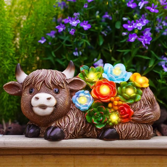 Nacome Solar Garden Statues Highland Cow with Succulent and 6 LED Lights - Lawn Decor for Patio Balcony Yard Ornaments - Birthday Gifts Mom Grandma Women(Brown)
