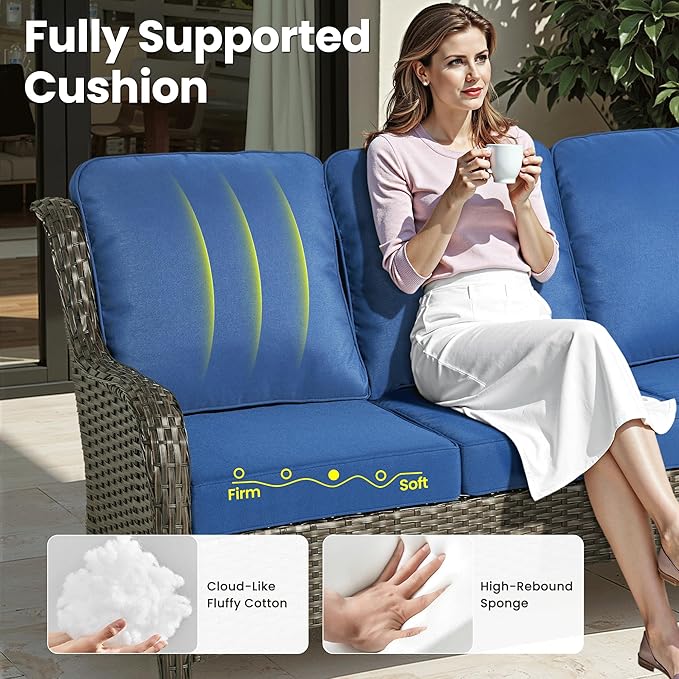 ovios 7 Pieces Patio Furniture Set, Outdoor Wicker Sofa Couch with Swivel Chairs 42" Fire Pit Table, High Back All Weather Modern Conversation Sets, Brown Rattan, Navy Blue