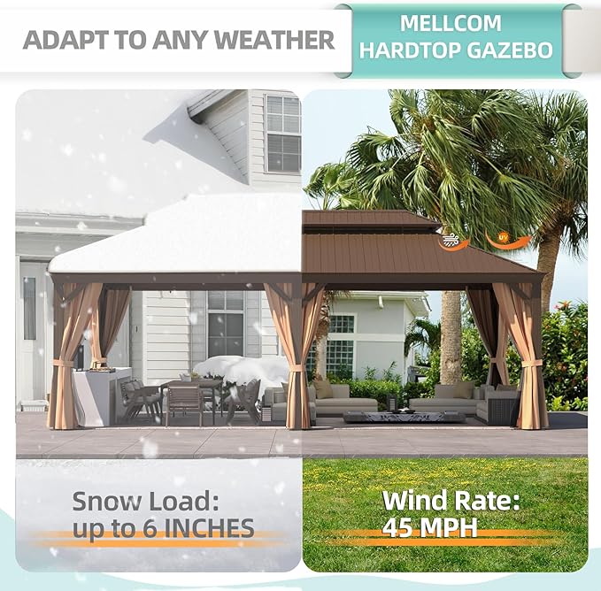 MELLCOM 12'x22' Hardtop Gazebo, Galvanized Steel Double Roof Canopy with Aluminum Frame, Permanent Metal Pavilion Gazebos with Netting and Curtains for Patio Backyard Deck and Lawns