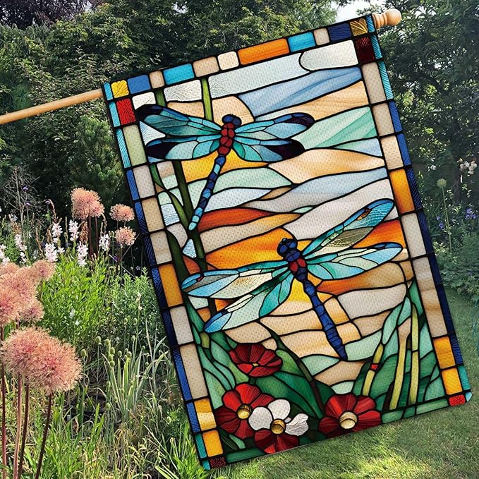 Spring Summer Dragonfly Garden Flag Glass Style Flowers Garden Flag Vertical Double Sided Rustic Farmland Burlap Yard Lawn Outdoor Decor 28x40"