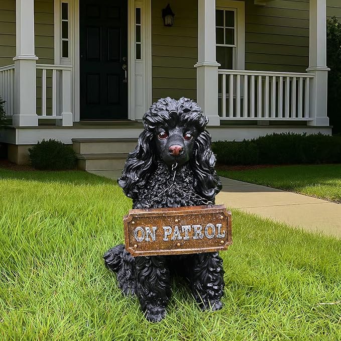 Porch Greeter Dog Statue with Flip-Over “Welcome/ON Patrol” Hanging Plaque and Solar Walkway Lantern, Black Sitting Poodle Yard Accent