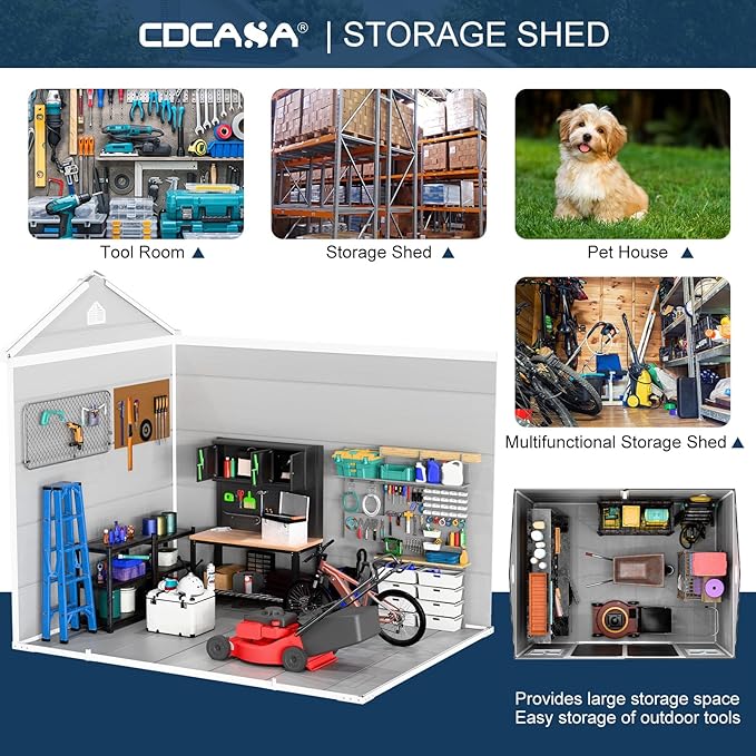 CDCASA 8x6 FT Resin Storage Sheds with Floor, Waterproof Large Outdoor Sheds and Adjustable Openable Windows,Outside Plastic Tool Shed for Backyard Garden Patio Lawn