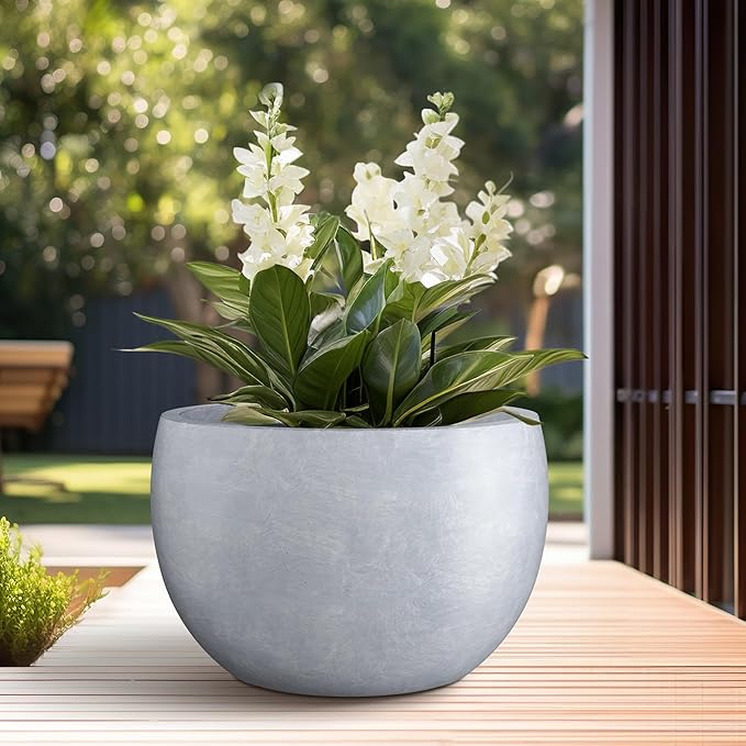 Kante 19.9" Dia Round Concrete Planter, Outdoor/Indoor Large Bowl Plant Pots with Drainage Hole and Rubber Plug for Garden Patio Balcony Home, Gray