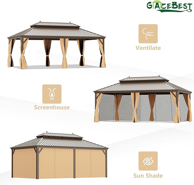12' X 18' Hardtop Gazebo, Aluminum Wood-Looking Frame Outdoor Permanent Galvanized Steel Double Roof Pavilion Pergola Canopy with Privacy Curtains for Garden, Patio, Backyard, Deck and Lawns.