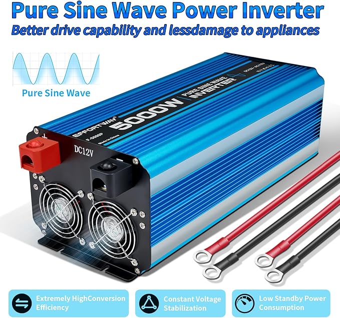 5000W Pure sine Wave Inverter DC 12V to AC 110V/120V Converter 10000w (Peak) with LCD Display Wireless/Wired Remote Control 4AC outlets 4USB and Hardwired AC.Ideal for RV Travel Off-Grid Solar Systems