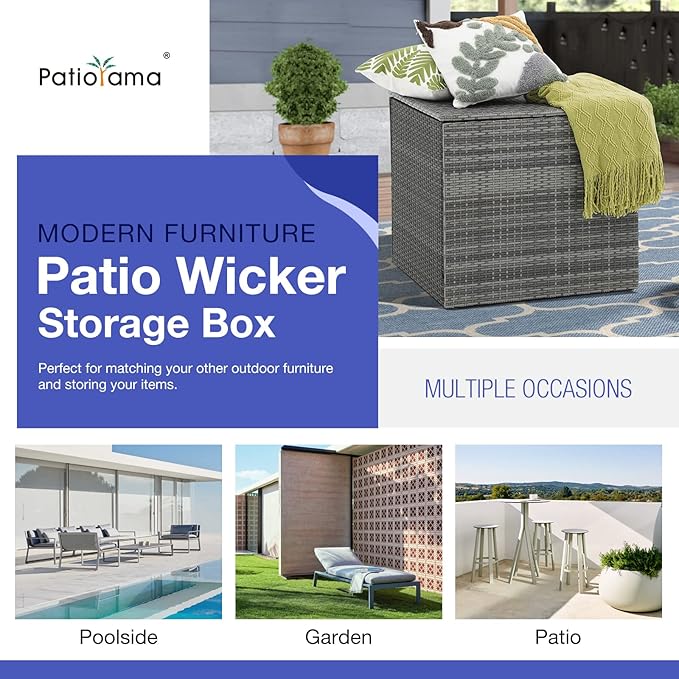 Patiorama 88 Gallon Wicker Deck Box, Indoor/Outdoor Storage Box for Patio Cushions and Gardening Tools - Resin Rattan Patio Cushion Storage Bin, Grey