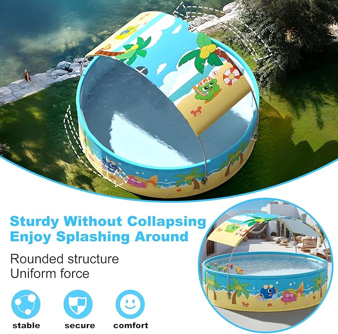 Foldable Swimming Pool with Canopy for Kids 63"x18" Hard Plastic Portable Dog Pool Anti-Slip Collapsible Pets Bathtub Kiddie Pool Indoor Outdoor Backyard (JellieMons 63'')