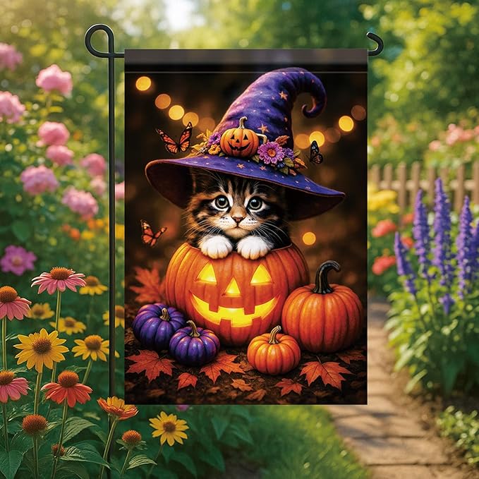 Fall Halloween Garden Flag Kitten Cat Flag 12x18 Inch Double-Sided Cute Pumpkin Witch Hat Yard Banner Autumn Outdoor Decor for Porch Lawn Pathway Cat Lover Holiday Gift
