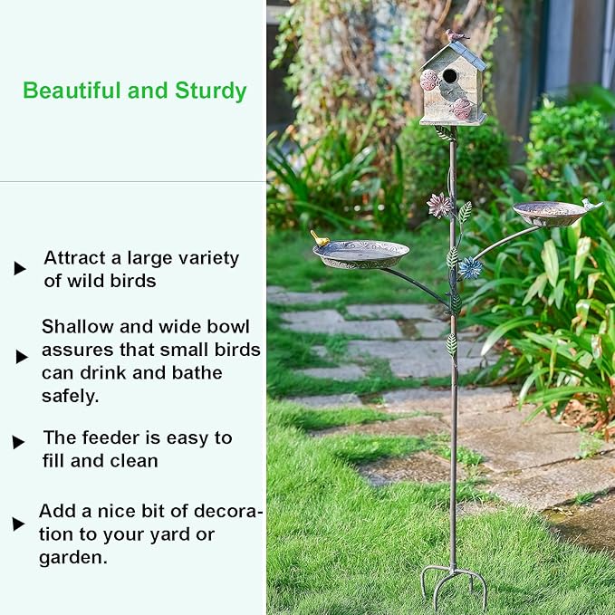 Bird House for Outside with Stake & Bird Feeder/Bath Bowl - Free Standing 3 in 1 Bird Feeder Tray, Bird Bath Bowl, Birdhouse for Outdoors on Pole Garden Yard Deco - 69" H