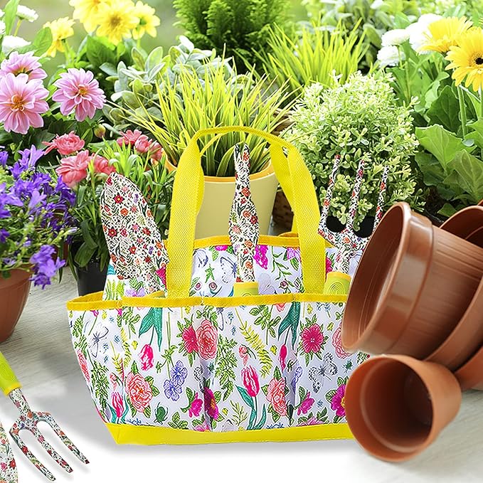 Garden Tool Set 9 Piece Heavy Duty Aluminum Gardening Hand Tools Kit Cute Gardening Supplies with Non-Slip Rubber Grip Gift for Women/Parent