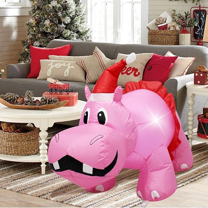 Christmas Inflatable Hippo 3.5ft Outdoor Decoration, Blow up Cute Pink Hippopotamus in Santa Hat and Red Dress with LED Lights, Suitable for Lawn Garden Party Holiday Easter Spring Decoration