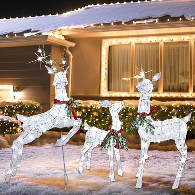 Lulu Home Set of 3 Pre-lit White Reindeer with 255 LEDs Clear White Lights, 3D Light Up Glittered Standing Reindeer Family for Xmas Lighted Holiday Display Indoor Outdoor