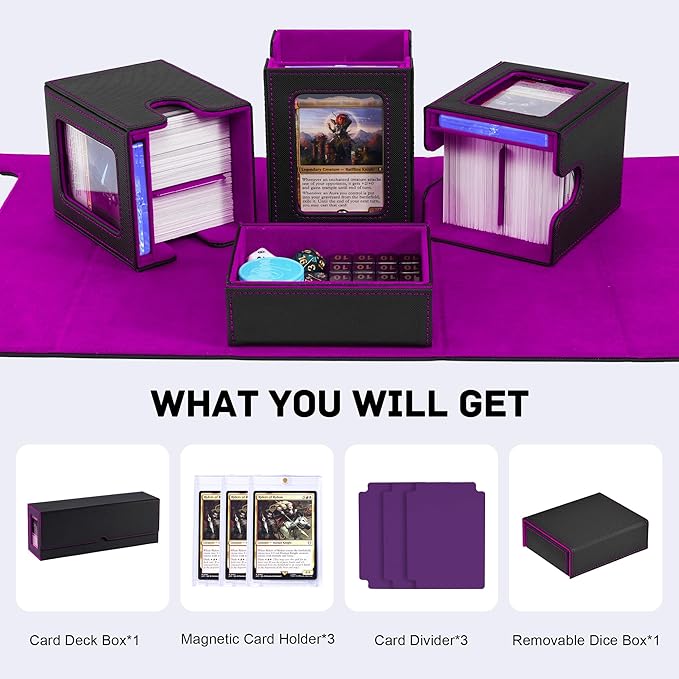 Marsguard Trading Card Deck Box with Commander Display，4 in 1 MTG Storage Holds 300+ Double-Sleeved Cards，3 Deck Boxes & Dice Tray Included，Fits MTG, TCG, PTCG & Sports Cards
