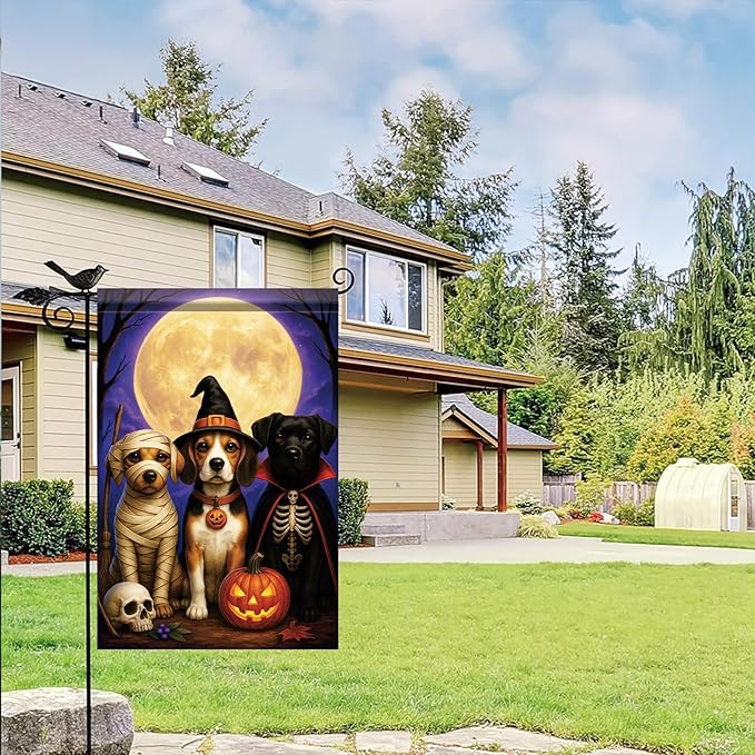 Halloween Fall Garden Flag Dog Costume Flag 12x18 Inch Double-Sided Beagle Labrador Mummy Skeleton Witch Pumpkin Yard Banner Autumn Outdoor Decor Porch Lawn Pathway Dog Lover Gift