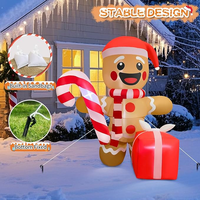 2025 Christamas Inflatable Gingerbread 6FT Gingerbread Man with Gift Box Christamas Inflatables Outdoor Decoration Xmas Gingerbread Blow Up Decor with Built-in 4 LED for Holiday Party Yard Garden Lawn