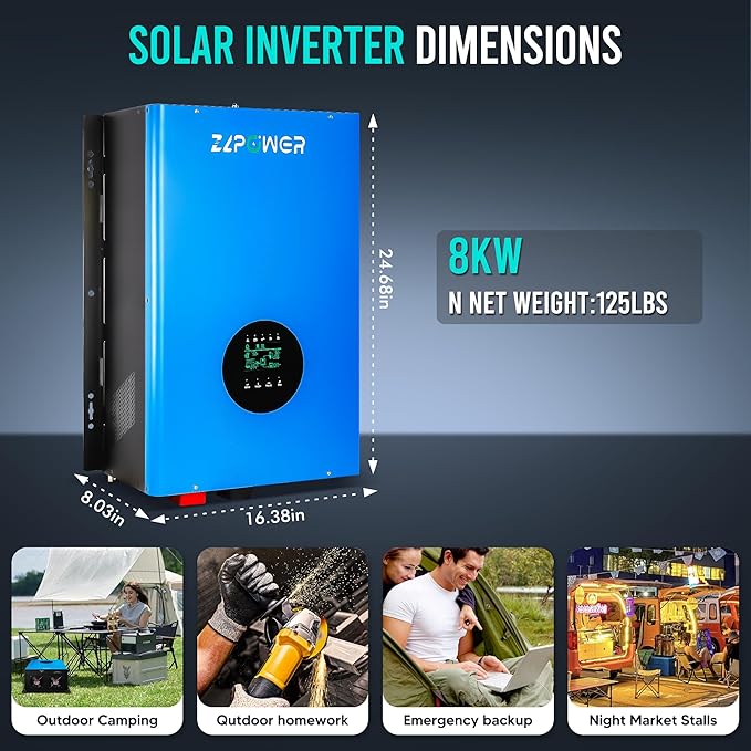 ZLPOWER 8000W 48V Off-Grid Inverter Charger, Peak Power 24000W for 20s, 240V AC Input, 120/240V Split Phase Output, Pure Sine Wave, UL1741 Certified, Built-in 2 MPPT Low Frequency for Solar System