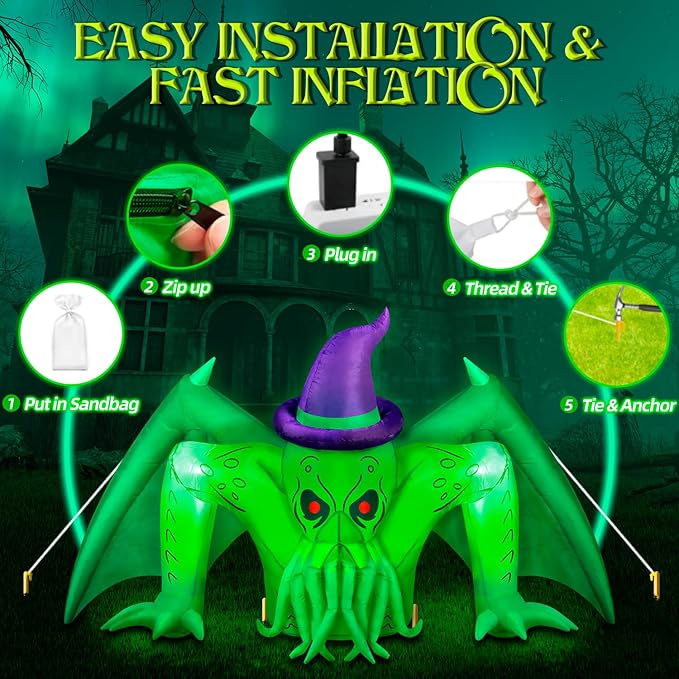 7FT Halloween Inflatables Cthulhu Built-in Bright LED Lights, Halloween Decorations Outdoor Wear Witch Hat Inflatable Cthulhu Blow Up Yard Decoration Blow Ups for Outside Patio Lawn
