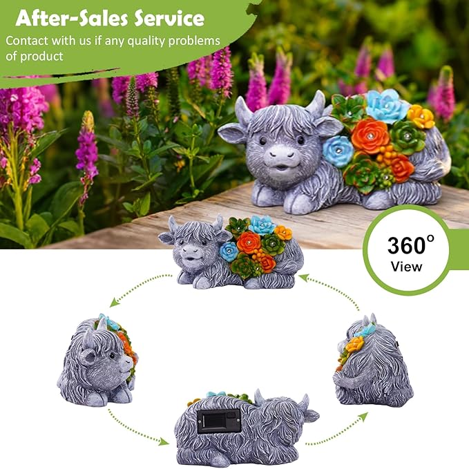 Nacome Solar Garden Statues Highland Cow with Succulent and 6 LED Lights - Lawn Decor for Patio Balcony Yard Ornaments - Birthday Gifts Mom Grandma Women(Grey)